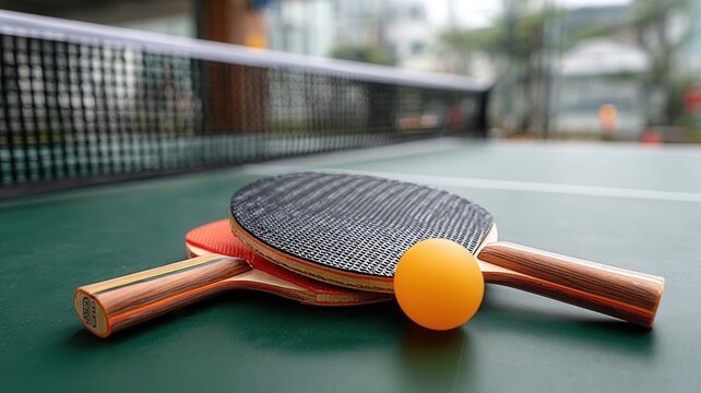 Table tennis rackets and ball lying on wooden ping pong surface, surrounded by green outdoor setting, ready for casual match - Powered by Adobe