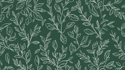 Fototapeta premium White Outline Botanical Pattern on Dark Green Background.