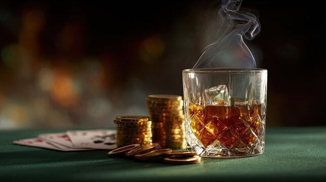 Elegant whiskey glass with smoke, poker chips, and cards on green table with blurred background, perfect for gambling and nightlife theme