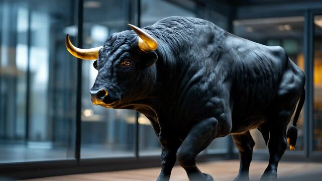 A powerful sculpture of a bull, a symbol of strength and financial prosperity, stands boldly against a modern building facade.