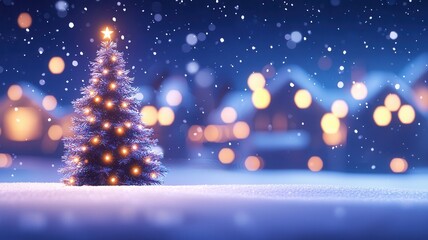 Naklejka premium Glowing lights highlighting snow covered mountain cabin with decorated christmas tree, radiating festive winter warmth and holiday charm