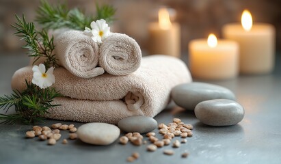 Serene Wellness Spa Setting with Beige Linen Towels, Candlelight, and Natural Rocks for a Relaxing Treatment Experience