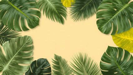 Lush Tropical Leaves Border on Pale Yellow Background.