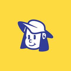 Cute cartoon vector face of a smiling kid with long hair and a cap. Bold, playful line art. Great for mascot, logo, children’s brand, or character-based design
