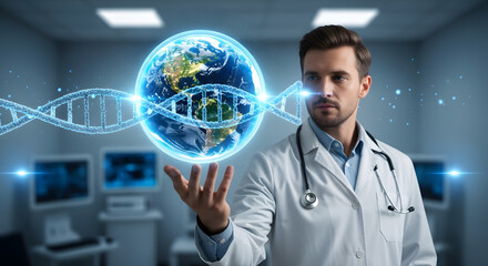 A male doctor holds a glowing hologram of Earth and a DNA helix in a futuristic medical lab.