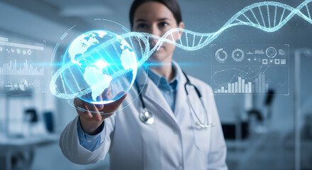 A scientist in a lab coat interacts with a holographic display showing a DNA helix and a glowing Earth, representing global scientific research and data visualization.