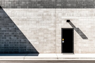 Exterior wall of cinder block building with a black door and strong shadows