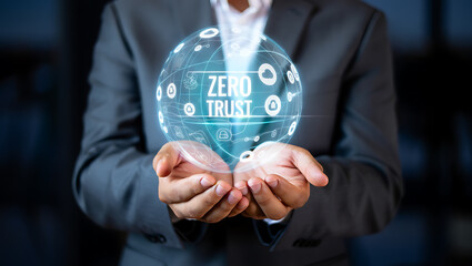 Person holding glowing digital globe with zero trust concept cybersecurity network security