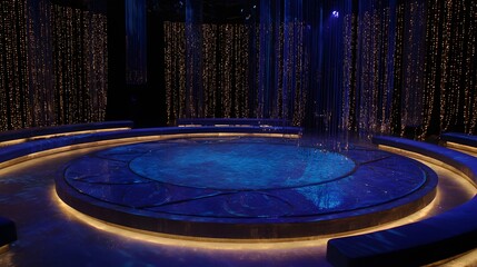 Circular stage with a blue, patterned floor and glowing lights.