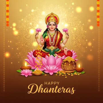 Goddess lakshmi seated on a lotus flower with offerings and glowing lights celebrating dhanteras festival