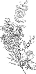Flowers bouquet lineart composition, surrounded by layered leaves and tiny buds. Intricate lines convey depth, grace, and quiet botanical sophistication