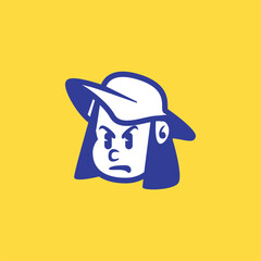 Cute cartoon vector face of a smiling kid with long hair and a cap. Bold, playful line art. Great for mascot, logo, children’s brand, or character-based design