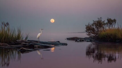 Serene Landscape with White Heron at Dusk Under Full Moon Reflected in Calm Water Surrounded by Lush Vegetation and Soft Misty Atmosphere