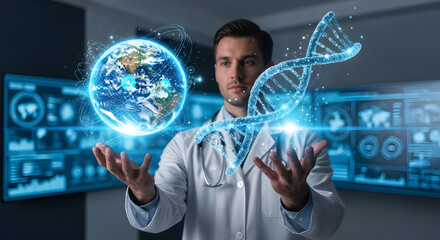 A scientist in a lab coat holds a glowing holographic DNA helix and planet Earth, surrounded by futuristic data displays.