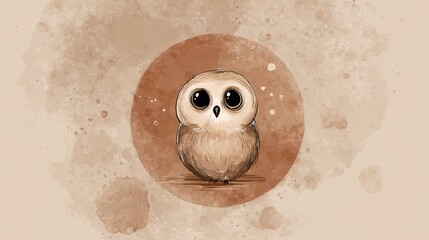 Adorable cartoon owl with large eyes and fluffy feathers, set against a soft watercolor background showcasing earthy tones and artistic splashes