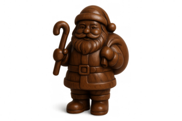 Wooden santa claus statuette gripping walking stick, shouldering gift sack against transparent backdrop