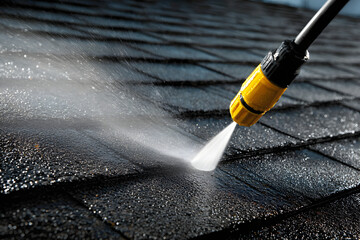 High pressure water cleaning on dark roof shingles removing dirt and grime with power washer nozzle focused on surface maintenance