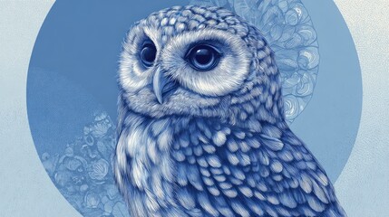 Blue-toned Illustration of Owl with Detailed Feathers and Calm Expression Surrounded by Floral Motifs, Perfect for Nature and Wildlife Themes