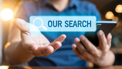 Person holding phone with search bar magnifying glass technology
