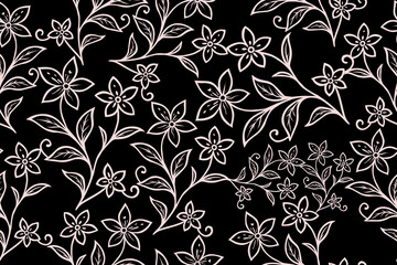 Elegant floral outline pattern in soft pink on black background. Seamless hand-drawn design featuring whimsical flowers and leaves, ideal for fabric or decor.
