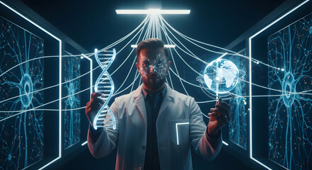 A scientist in a lab coat examines a DNA model and a globe, surrounded by digital displays.