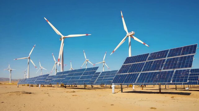 Wind turbines and solar panels renewable energy in desert landscape