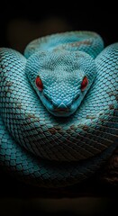 Obraz premium Close up of a blue pit viper with intense red eyes