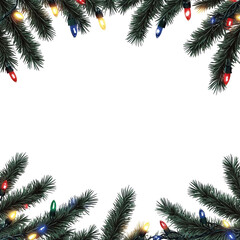 Christmas Pine Branches with Colorful Lights Border on Black Background graphic design isolated on a transparent background