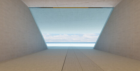 3d rendering concrete interior frames vast sea and sky through wide opening