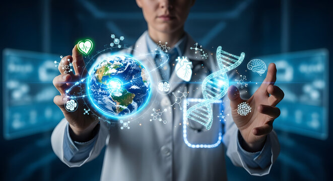 A medical professional interacts with holographic representations of Earth, DNA, and health symbols. - Powered by Adobe