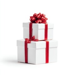 Obraz premium Two white gift boxes stacked, tied with red ribbon and bow