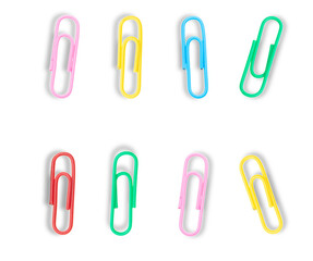 colorful paper clips on white background.