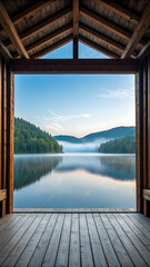 Serene morning view from a rustic wooden cabin porch overlooking a misty lake surrounded by lush green forested hills