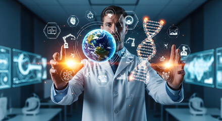 Scientist in lab coat interacting with holographic projections of Earth and DNA, surrounded by technology interfaces, representing scientific research.