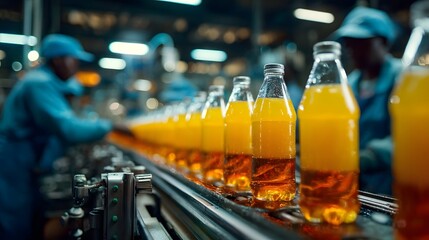 Automated assembly line bottling carbonated beverages in a factory