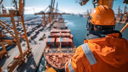 Cargo port container terminal operator monitoring crane movements on a large cargo ship