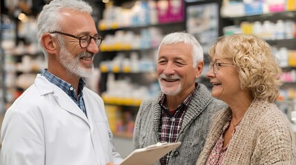 consulting senior couple about prescription medication
