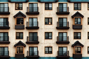 Fototapeta premium Beige apartment building facade, repeating windows and balconies