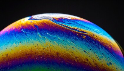 Iridescent Soap Bubble with Striking Rainbow Colors on a Black Background, Colorful abstract iridescent sphere, a soap bubble with liquid effect