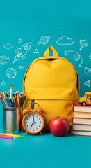 Yellow backpack with school supplies and alarm clock on teal background