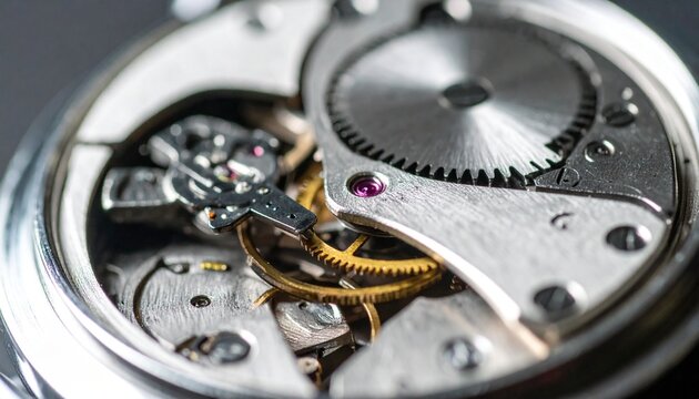 Detailed view of a watch mechanism highlighting intricate gears and components, The inner workings of a classic timepiece showcased with gleaming metal and ruby accents