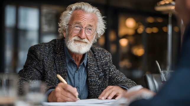 Elderly man reviewing retirement portfolio with financial advisor in office