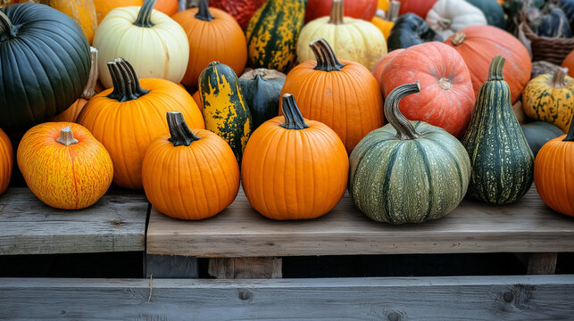 Colorful pumpkins and gourds arranged on wooden table - Powered by Adobe
