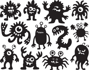 Diverse collection of whimsical cartoon monsters silhouette black and white