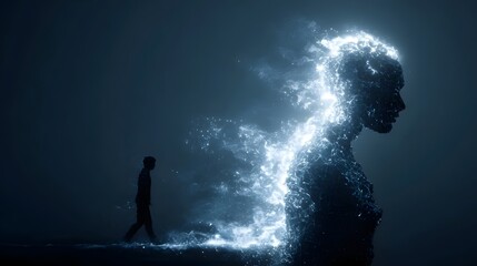 Obraz premium Glowing humanoid merging with human silhouette in surreal scene