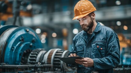 Industrial worker reviewing motor data on tablet in factory