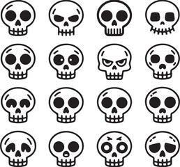 Many black and white skull icons with different expressions graphic