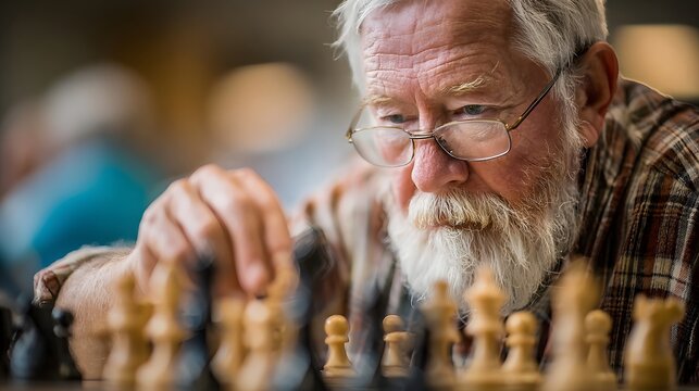 Senior man participating in a chess game at a center - Powered by Adobe