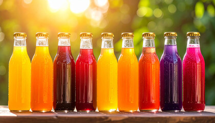 Rainbow of Refreshment: An array of colorful, refreshing beverages bottled and ready to quench thirst under a sunlit scene, offering a visual feast of natural flavors.