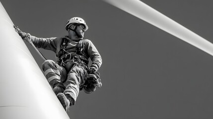 Wind turbine technician inspecting blades with safety harness